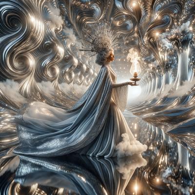 The primary subject of the image is a woman dressed in a white gown, standing in a room with a silver and blue color scheme. She is holding a lit candle, which adds a warm and inviting atmosphere to the scene. The setting appears to be a futuristic or surreal environment, with a combination of silver and blue colors, as well as a patterned background. The visual style of the image is a mix of photo and digital art, creating a unique and intriguing scene.